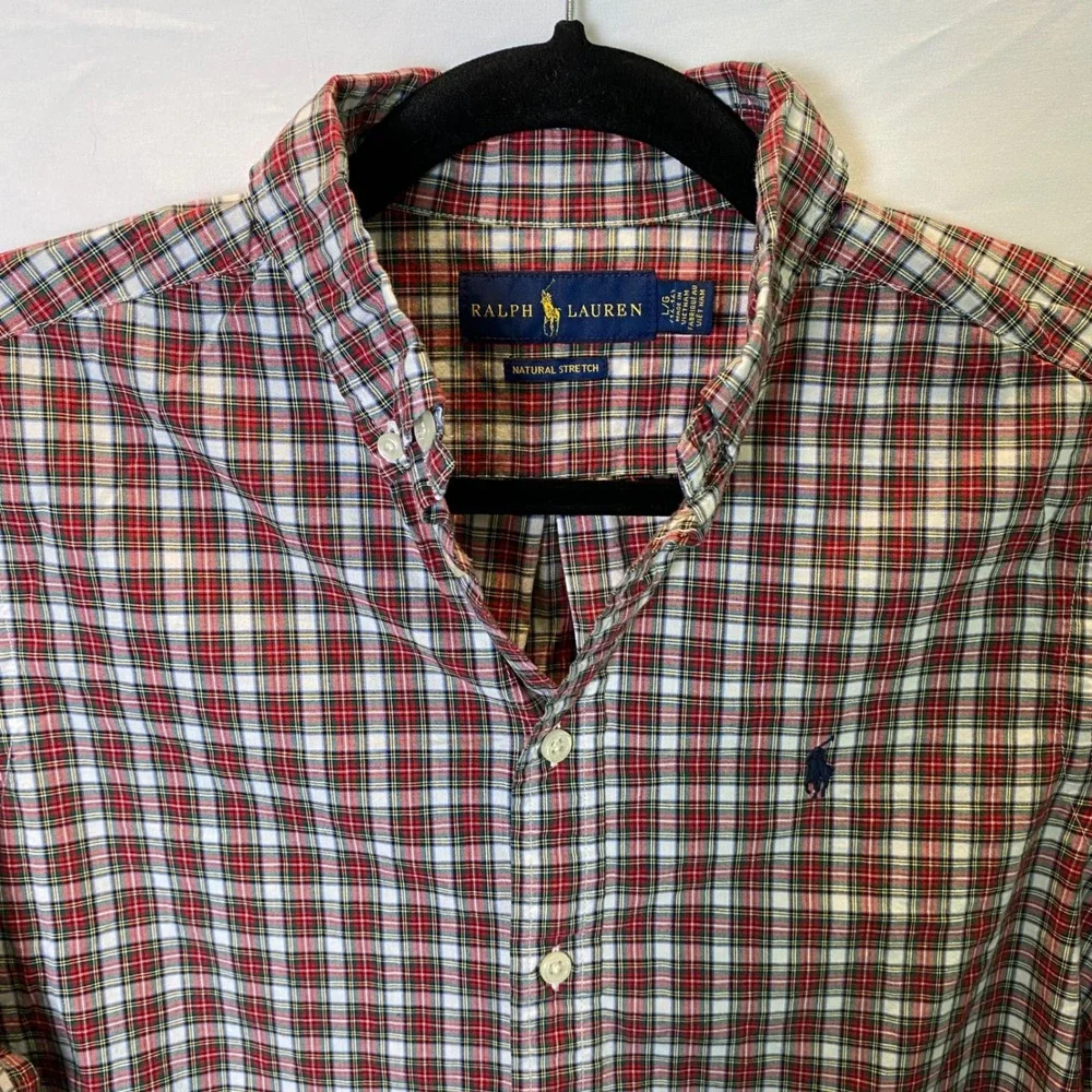 Ralph Lauren Button Down Shirt Boy L 14-16 Red Plaid Natural Stretch Long Sleeve